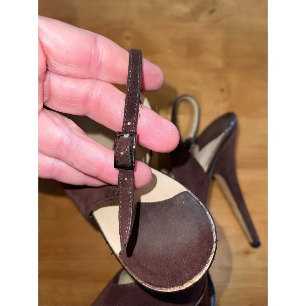 Jimmy‎ Choo Suede Open Toe Pumps Slingback Heels Brown 37.5-7